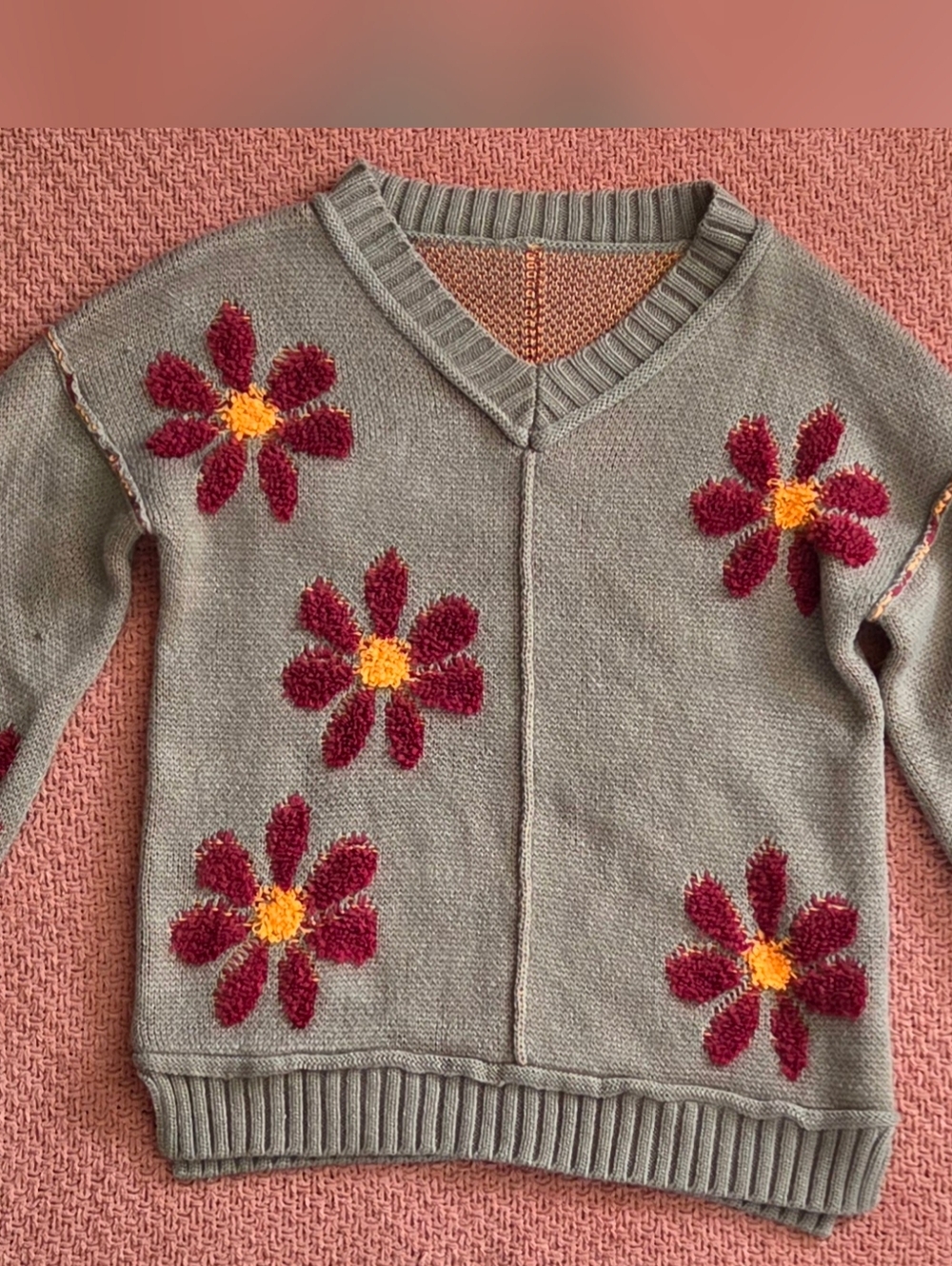 Olive Green V-Neck Sweater with Burgundy Flower Appliqué FLAW Shown In Pics
